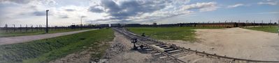 a long grim panorama at birkenau concentration camp in poland
